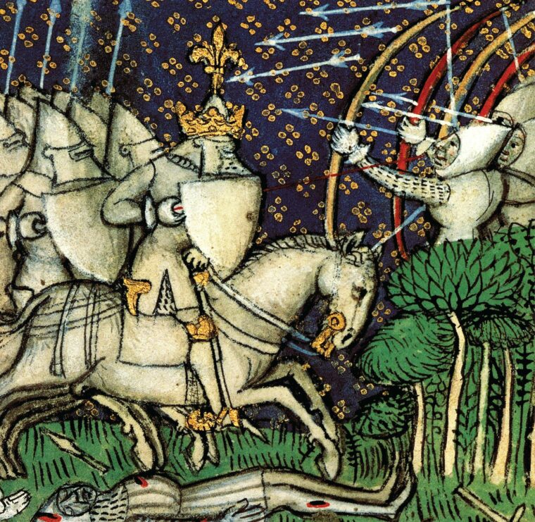 Although King John II of France is depicted incorrectly as mounted when he was actually on foot during the battle, this 14th-century illustration accurately depicts English longbowmen behind a hawthorn hedge. 