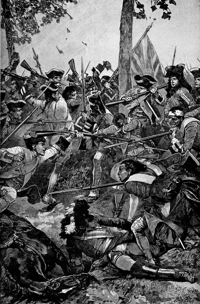 The Irish in French service (left) attack the Irish fighting for the Allies. Because of their blood feud, no 
quarter was given. 