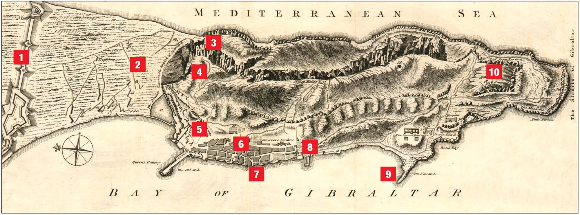 Key positions during the Great Siege of Gibraltar are (1) Spanish defense works, (2) siege trenches, (3) the Rock, (4) Willis’ Battery, (5) Grand Battery, (6) Gibraltar town, (7) King’s Bastion, (8) South Bastion, (9) New Mole, (10) and Windmill Hill. 