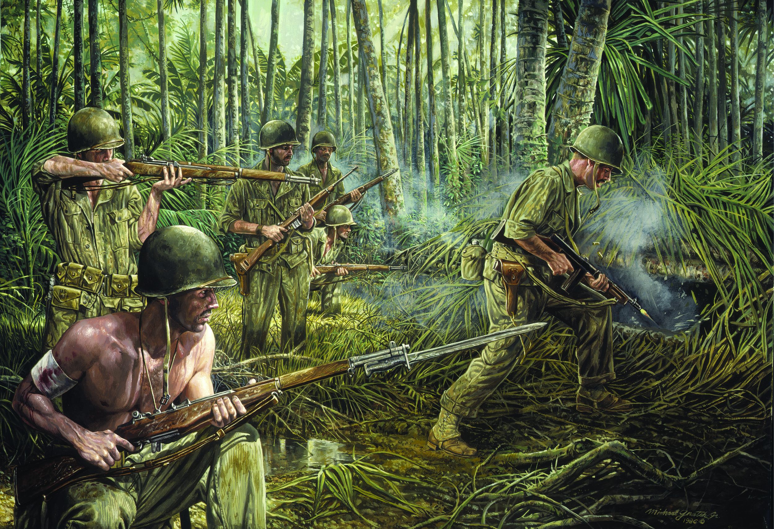 In this painting by Michael Gnatek of U.S. 32nd Infantry Division troops in action at Buna, New Guinea, GIs scan the jungle for the movement of Japanese troops and clean out bunkers previously occupied by enemy soldiers.