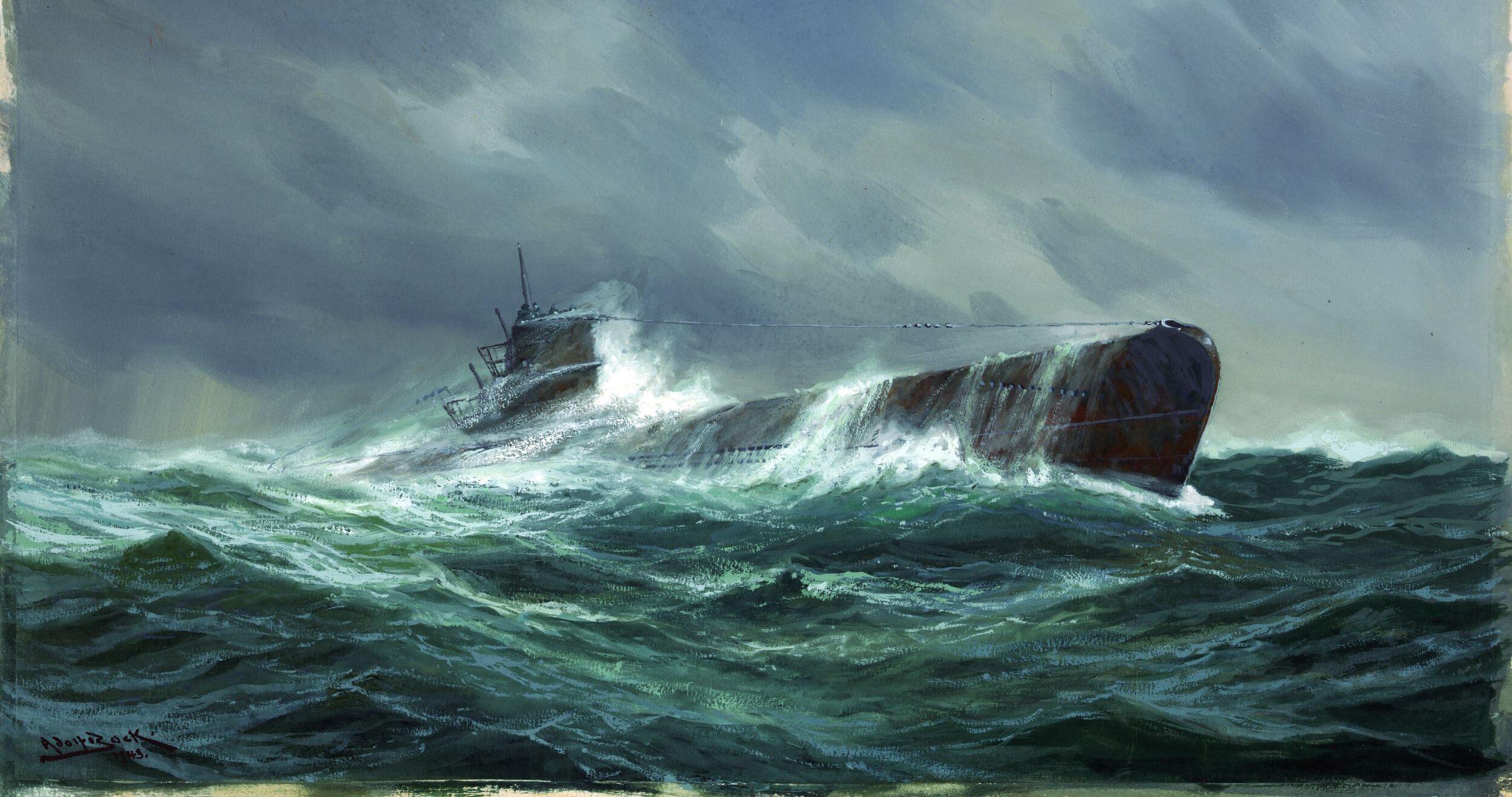 Until the British cracked Germany's naval code, Britain was in danger of losing its North Atlantic supply lifeline––and ultimately the war––to U-boats such as the one depicted in this 1943 painting by German artist Adolf Beck.