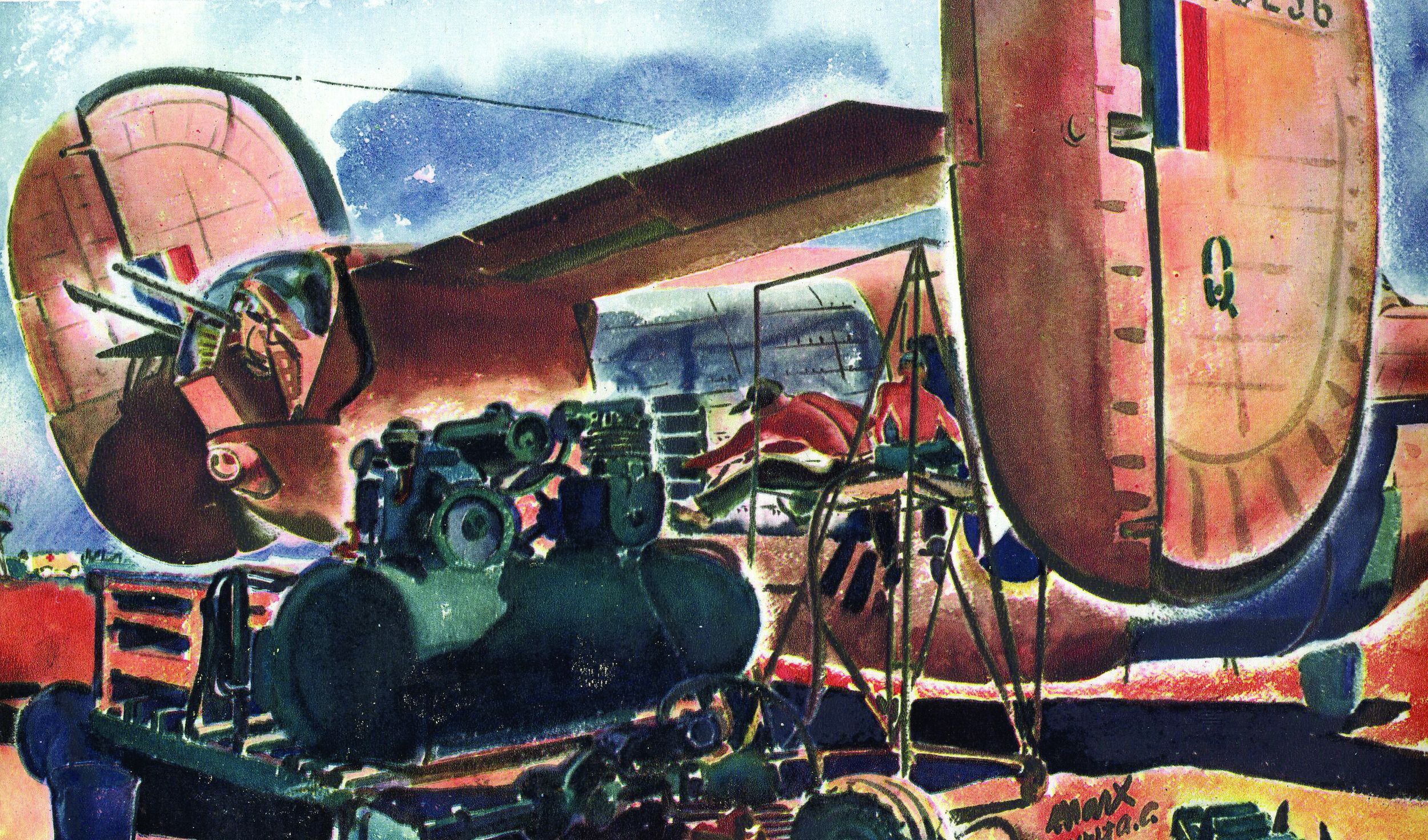 Mechanics repair a B-24 with the help of a portable sheet metal repair shop in Benina.
