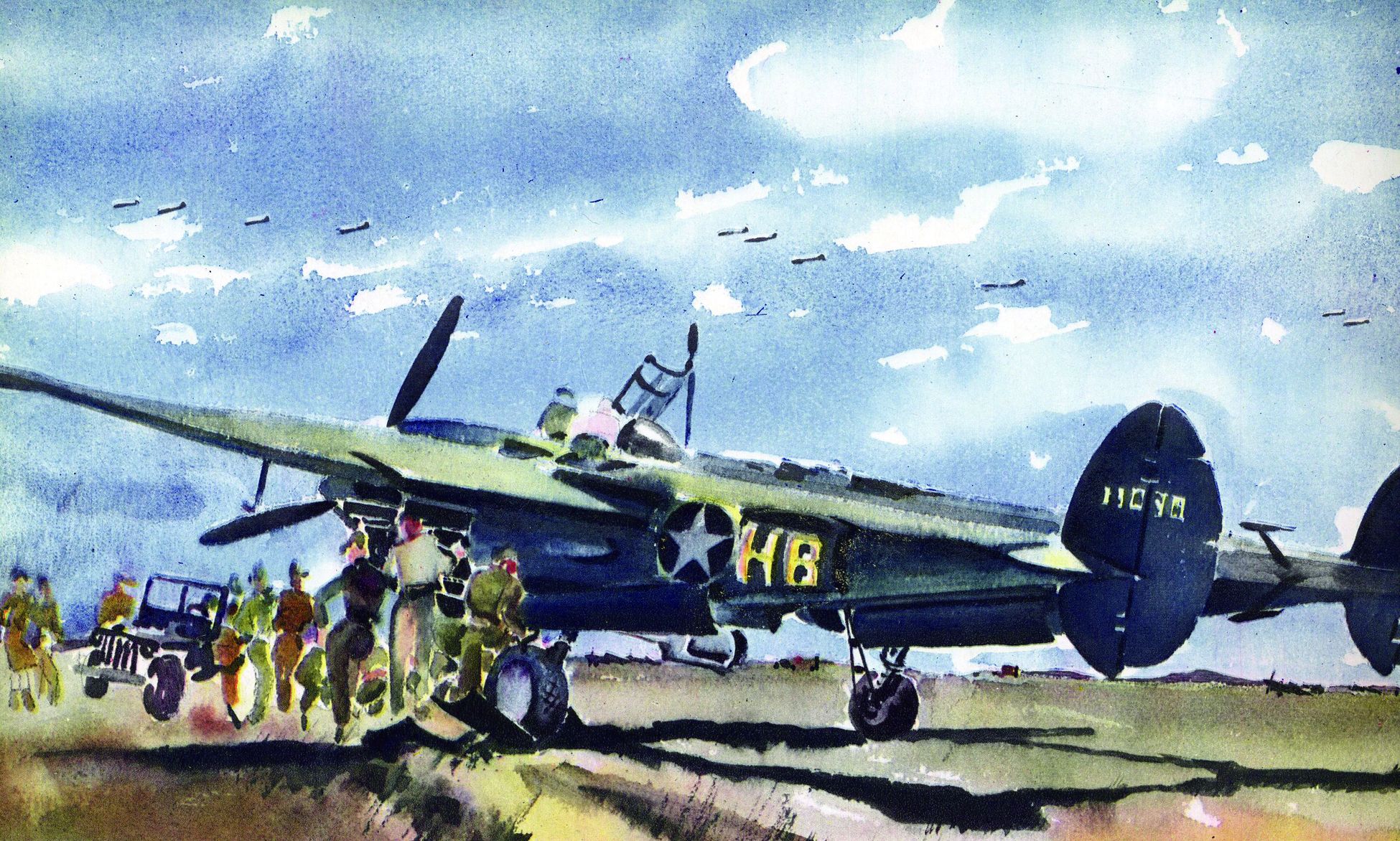 While a flight of P-40s leaves for the island of Pantellaria in the distance, a pilot climbs into his P-38.