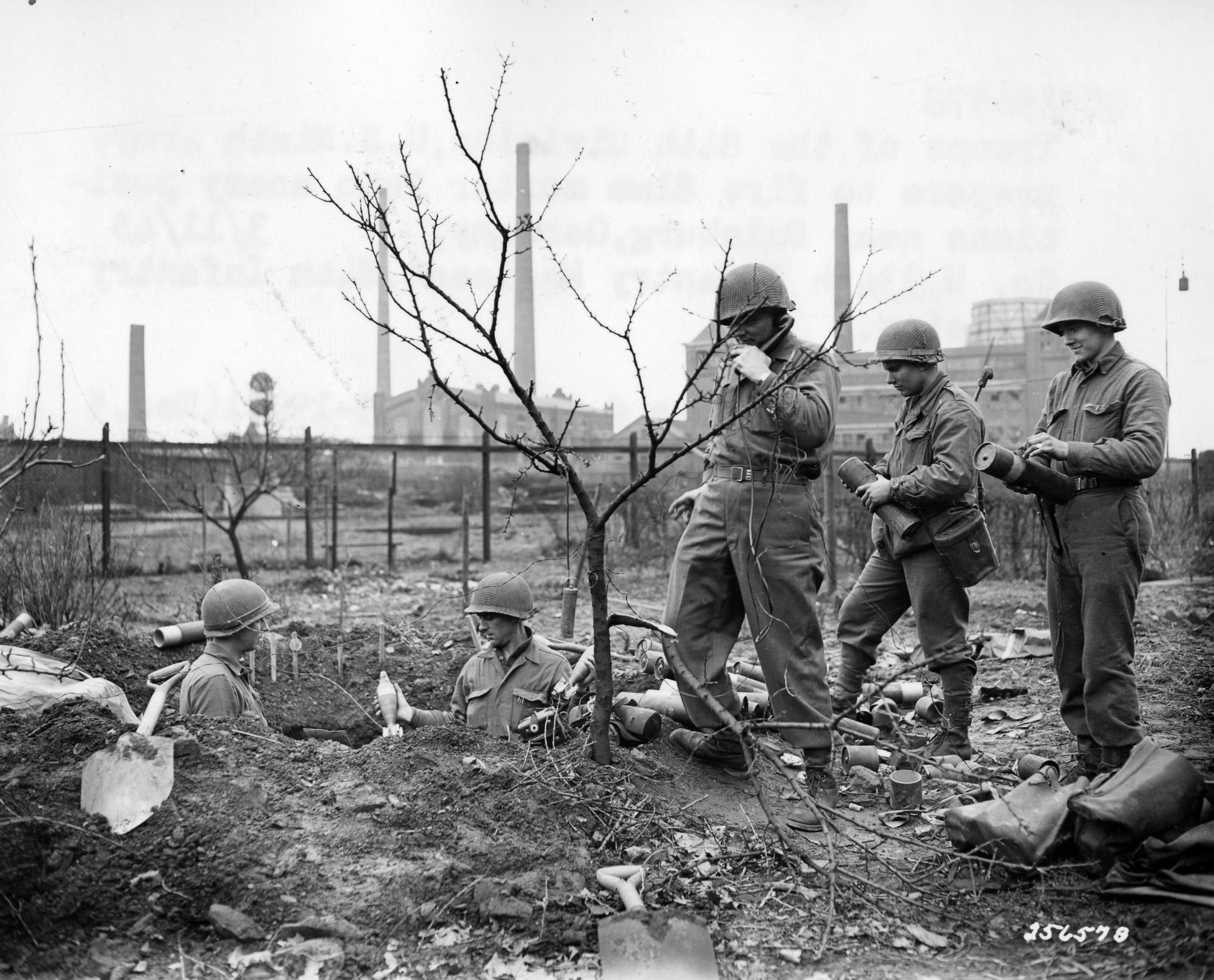  The 81mm mortar proved essential in blasting entrenched German positions during the arduous advance of the U.S. Seventh Army across France. Here, a mortar team prepares to fire its weapon at German troop concentrations.