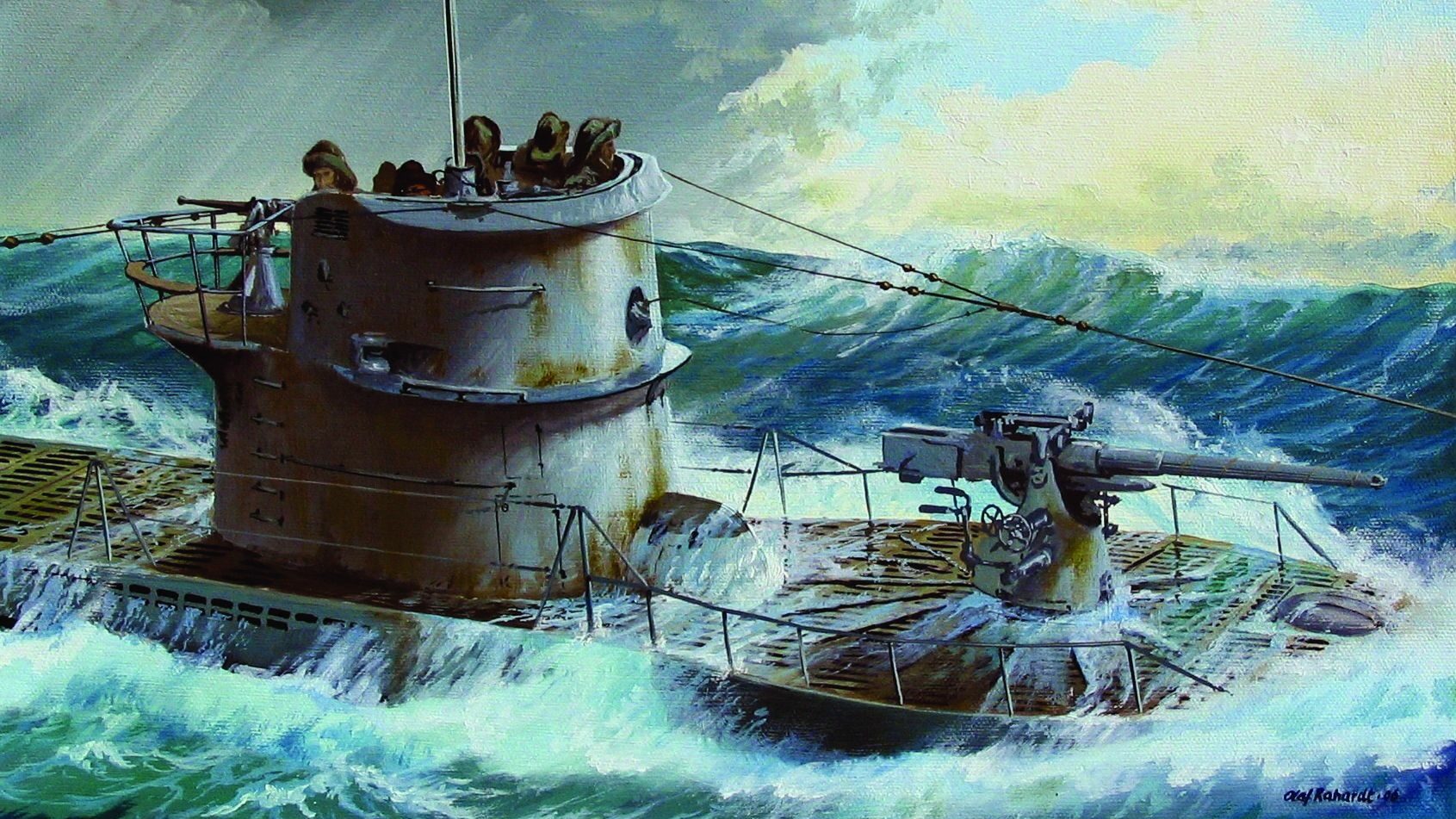 A German submarine rolls on a heavy sea during a mission in the Atlantic. Painting by Olaf Rahardt, 2000.