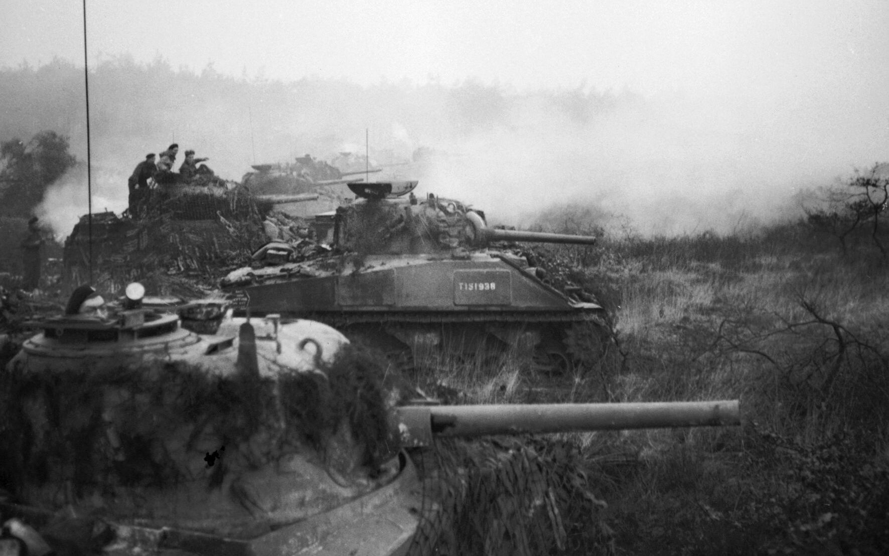 A phalanx of M4 Sherman medium tanks assembles for the initial push of Operation Veritable, an Allied offensive to clear the area between the Rhine and Mass Rivers, on February 8, 1945.