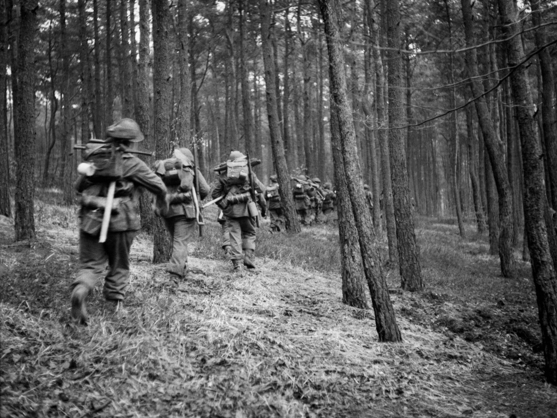 The Reichswald was a natural barrier to advancing Allied troops who crossed the German frontier during Operation Veritable. These soldiers are advancing in column with full packs weighing more than 70 pounds. 