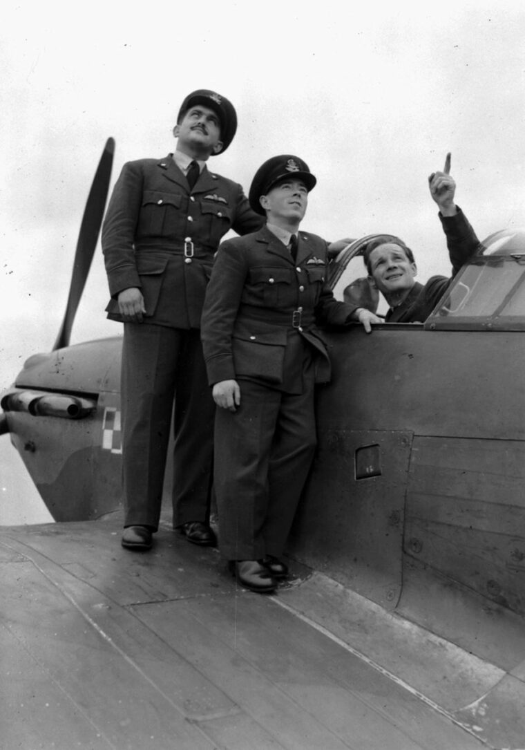 Andrew Mamedoff, Vernon Charles “Shorty” Keough, and Eugene “Red” Tobin pose for a photo before flying their first mission as members of the newly formed all-American Eagle Squadron.