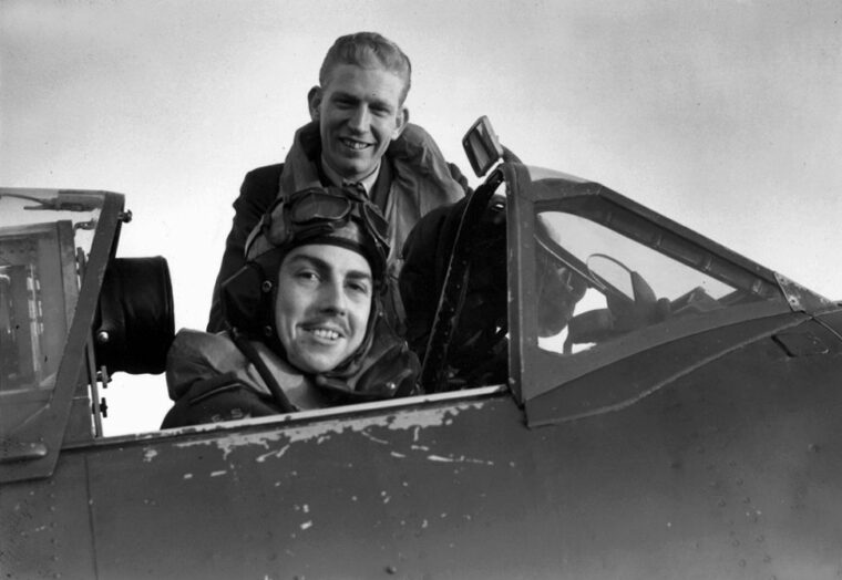 71 Squadron pilots Chesley G. “Pete” Peterson and Gregory A. “Gus” Daymond (front).  Both Yanks were awarded Britain’s Distinguished Flying Cross and Peterson became squadron commander at age 21. 