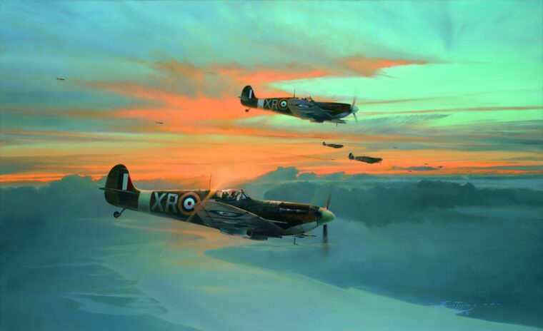 Four Yank-piloted Spitfire Vbs of RAF Squadron 71 return to their base at North Weald after combat above the English Channel in this painting by Robert Taylor.