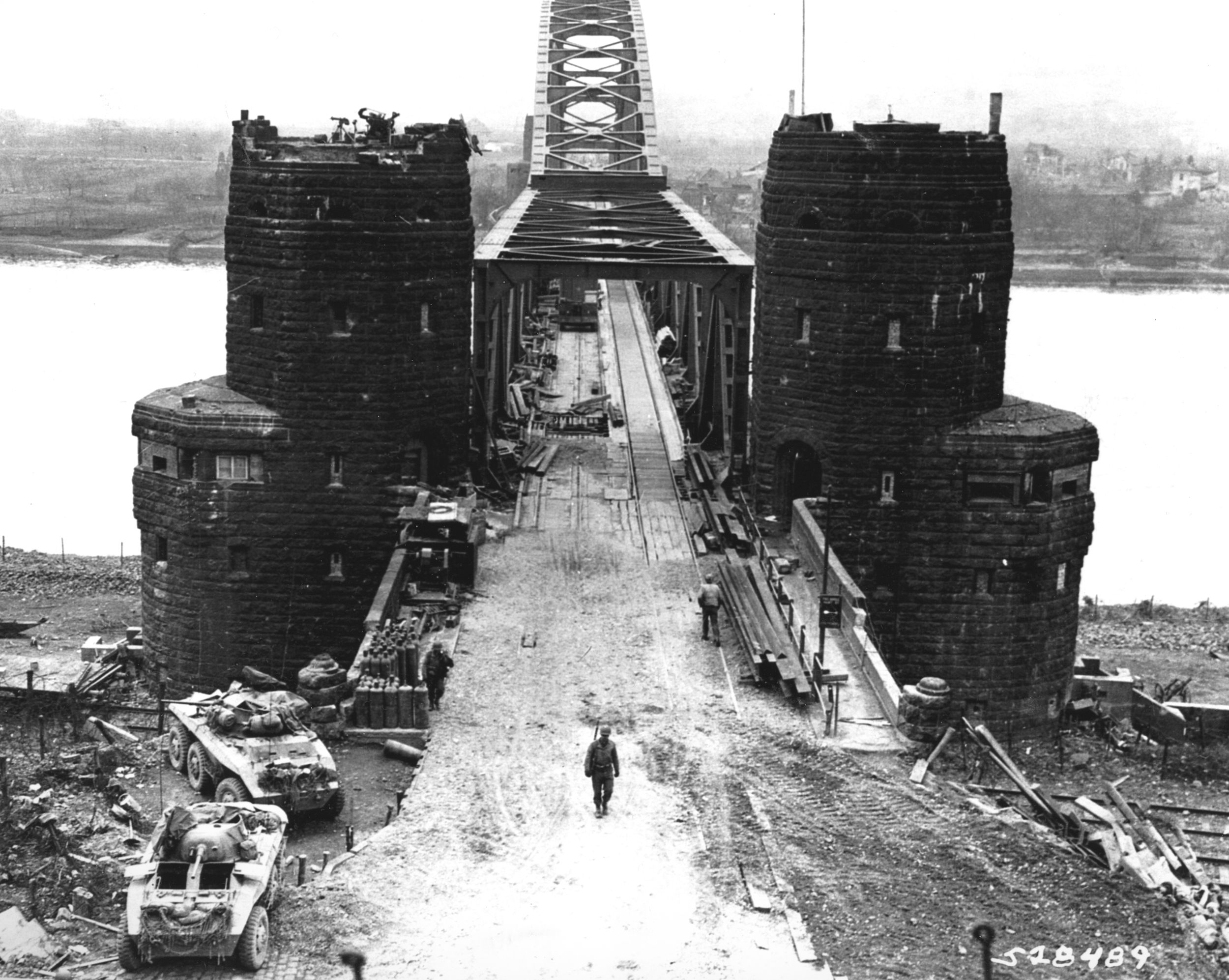 The battered Ludendorff railroad bridge at Remagen, photographed at 11:00 am on March 17, 1945.  It collapsed into the Rhine a few hours later.