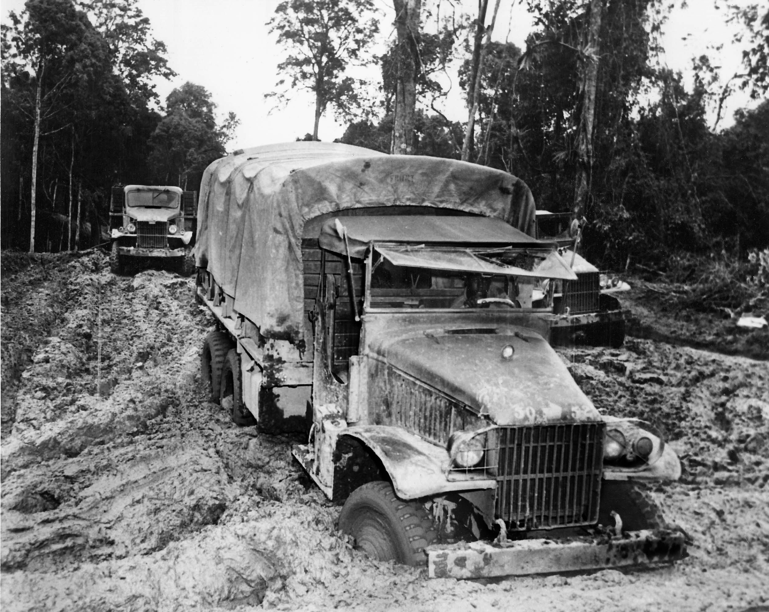 Road conditions were often challenging for drivers of the Red Ball Express. 