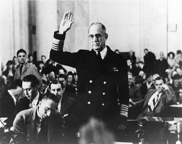 Admiral James O. Richardson takes the oath before testifying in the Congressional Pearl Harbor Investigation.