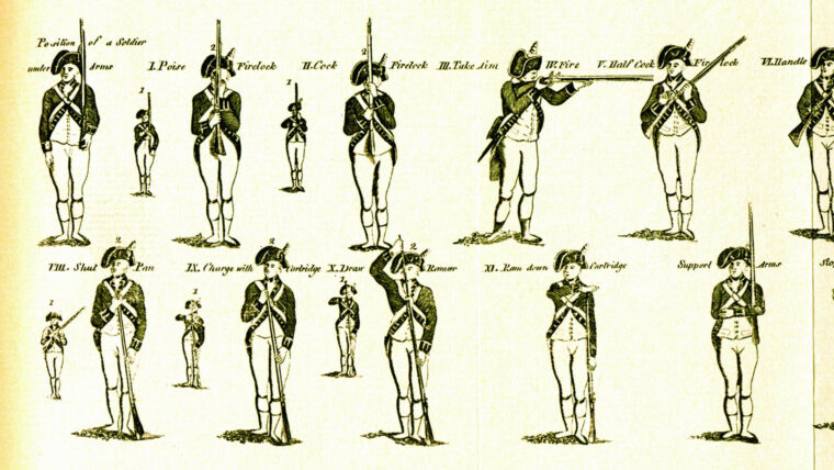 Images from the 1800 edition of Baron von Steuben’s “Blue Book” illustrate part of the Manual of Arms as practiced by the Continental Army at Valley Forge in 1778.