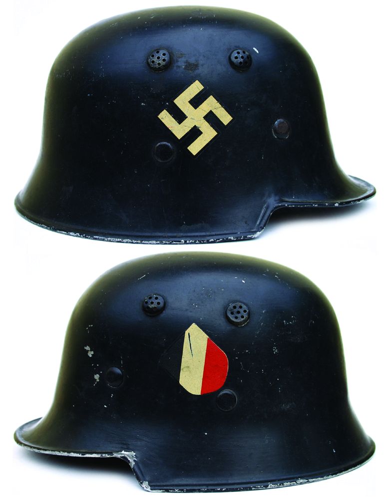 The left and right sides of M1933 civic model helmet worn by the Schutzpolizei. 
