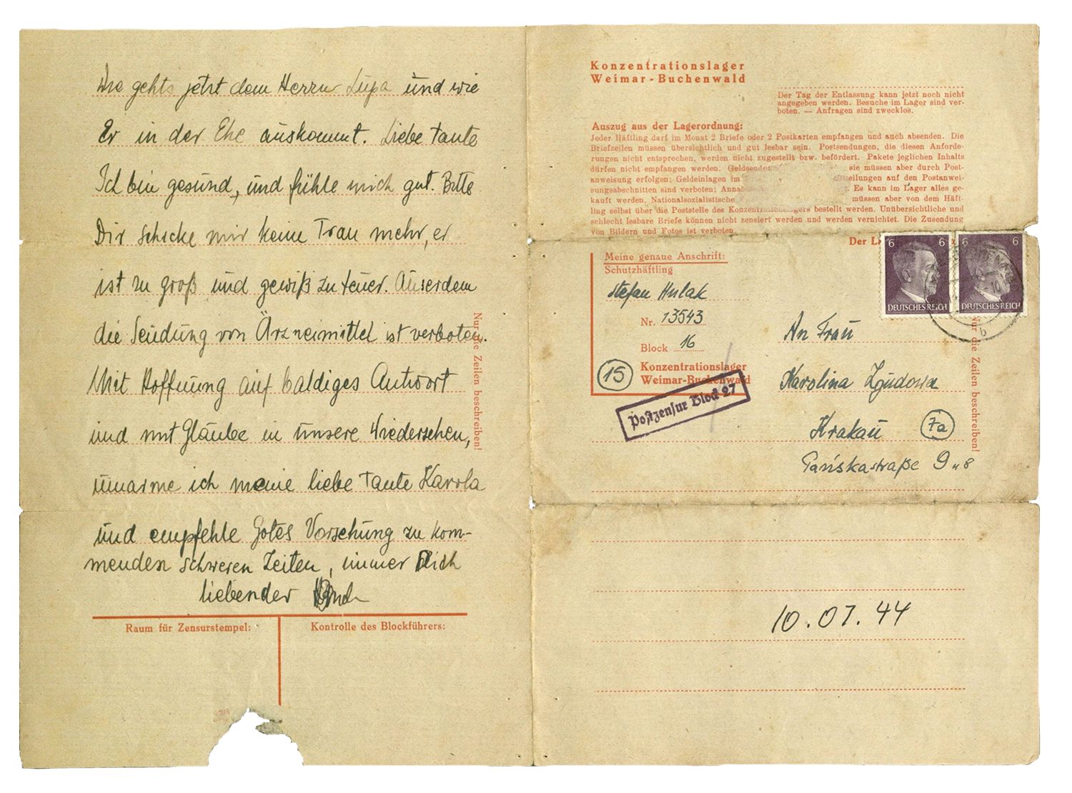 Henry’s letter from Buchenwald is dated July 10, 1944, and relates a personal message of thanks to family members for food and money that had been previously received.