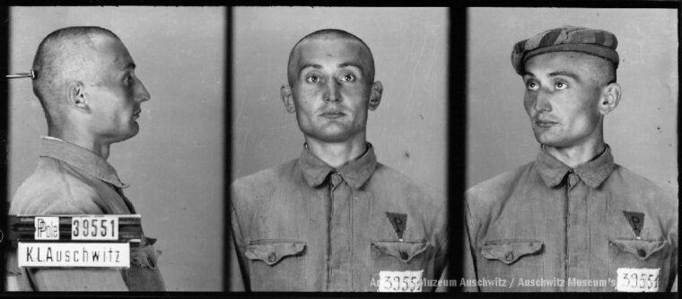 This Auschwitz prisoner photo of Henry Zguda was taken when he arrived at the camp in June 1942. Non-Jewish prisoners were identified by various colored triangles on their prison clothing. TOP: A postcard mailed by an Auschwitz inmate is marked as passed by a censor and typical of the mail traffic in and out of the extermination camp.