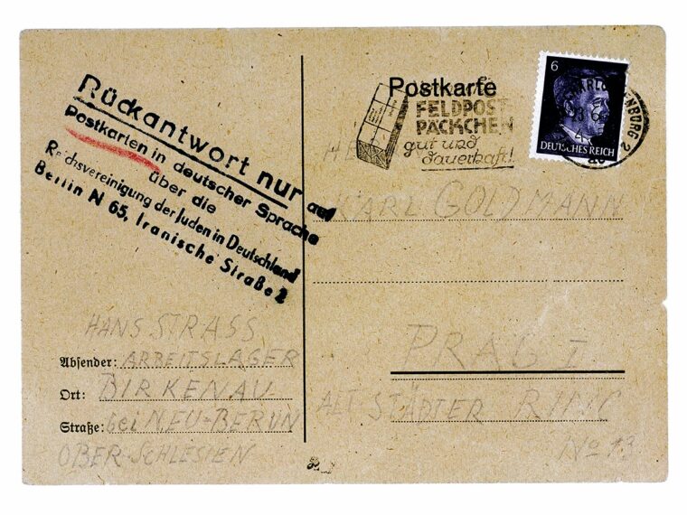A postcard mailed by an Auschwitz inmate is marked as passed by a censor and typical of the mail traffic in and out of the extermination camp.