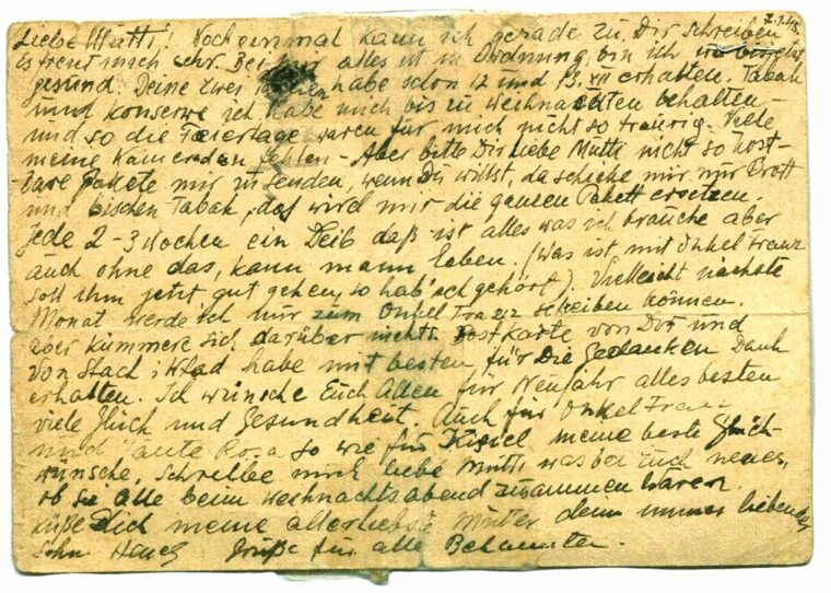 Henry Zguda’s postcard from the Buchenwald concentration camp is dated January 7, 1945. Its handwritten message, censored by the Germans, reads in part, ‘Everything is okay with me. I am healthy.’