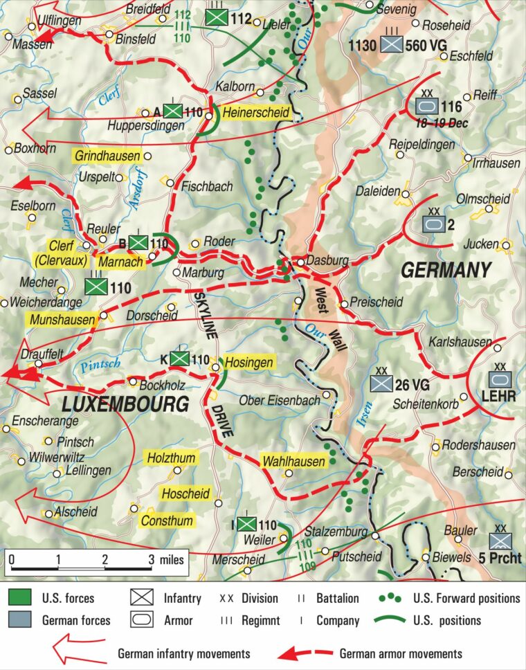  The German Offensive struck American positions in a thinly held sector of the Western Front on December 16, 1944. Elements of the 28th Infantry Division slowed the German advance, buying time for a coordinated Allied response to the threat.