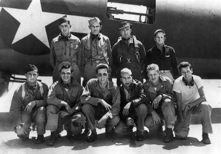 The crew of Harvey Walthall’s B-17 bomber is shown in a photo probably taken prior to deploying overseas. Standing left to right are Quentin Ingerson, Walthall, William Meyers, and Howard Graham. Kneeling left to right are Kazmar Rachak, J. Hesser, Kenneth Faber, James Danno, William Lambertus, and William Dold.
