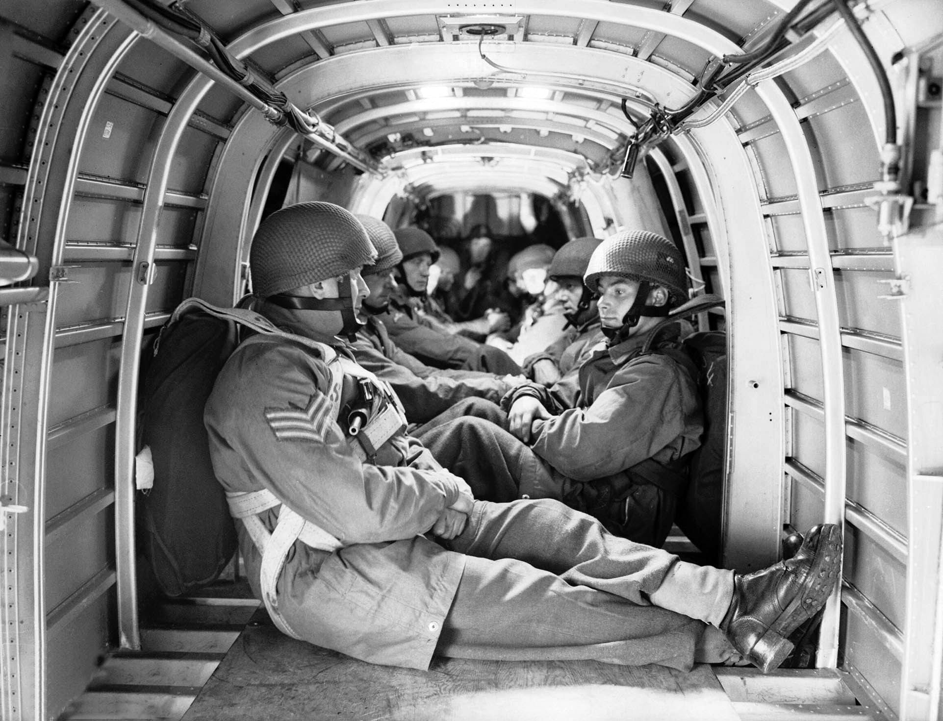 British commandos sit aboard a Whitworth Whitley aircraft during exercises.