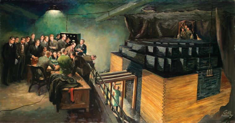 In this painting by artist Gary Sheahan titled “Birth of the Atomic Age,” scientist Enrico Fermi and his colleagues anxiously proceed with the first sustained nuclear chain reaction in history at the University of Chicago.