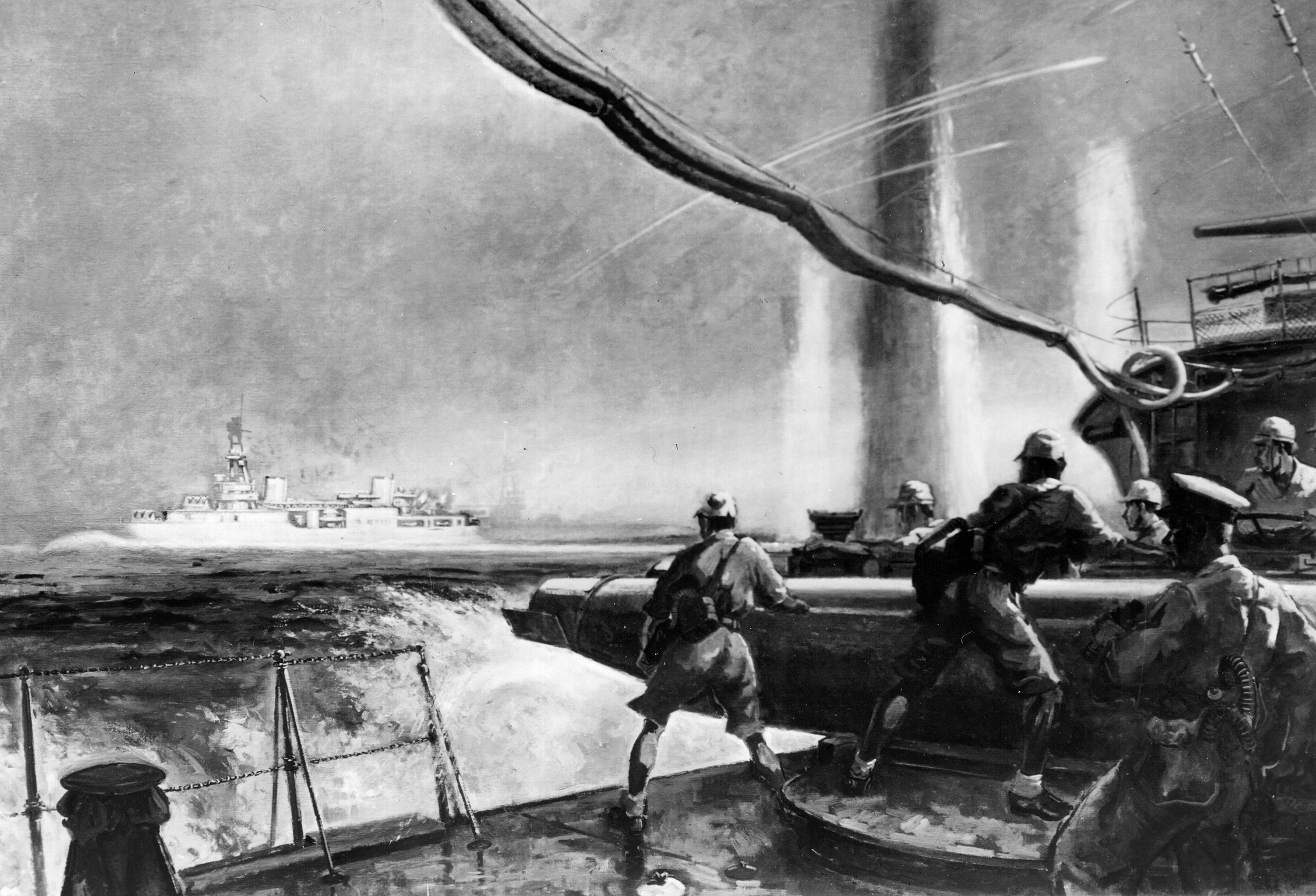 In this Japanese artist’s rendering of the battle, Japanese sailors prepare to fire a torpedo at the cruiser USS Houston, seen in the distance.