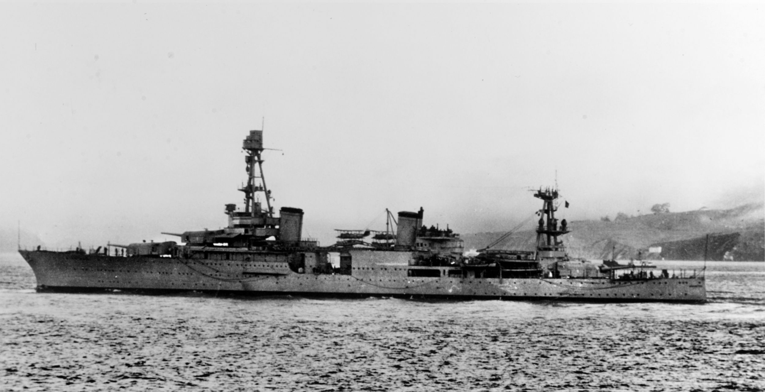 The USS Houston is seen in port at Tjilatjap, Java, on February 6, 1942.