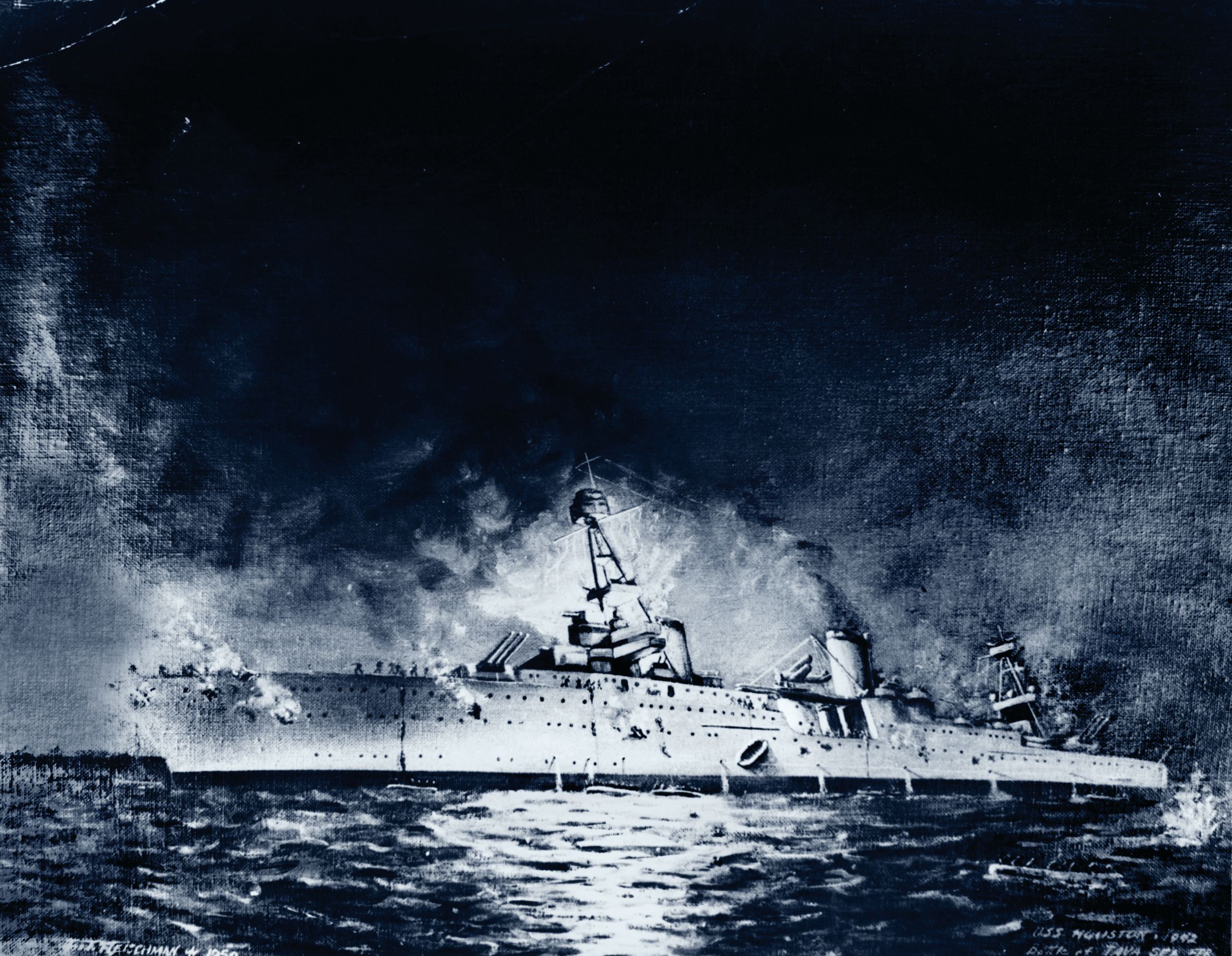 The USS Houston begins to list after repeatedly being hit by Japanese shells and torpedoes during the battle