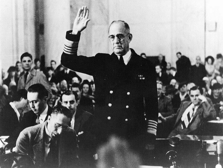 Admiral J.O. Richardson takes the oath before the Congressional Pearl Harbor Investigation.