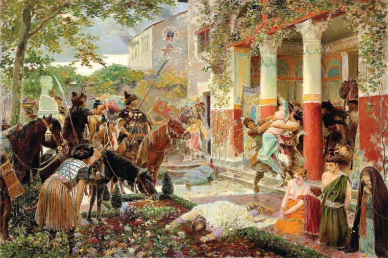 This painting by Georges-Antoine Rochegrosse (1859-1938) depicts a party of Huns ransacking a Roman villa in Gaul. Raids and tributes from the Roman Empire were the largest source of income for the Hunnic confederation under Attila.