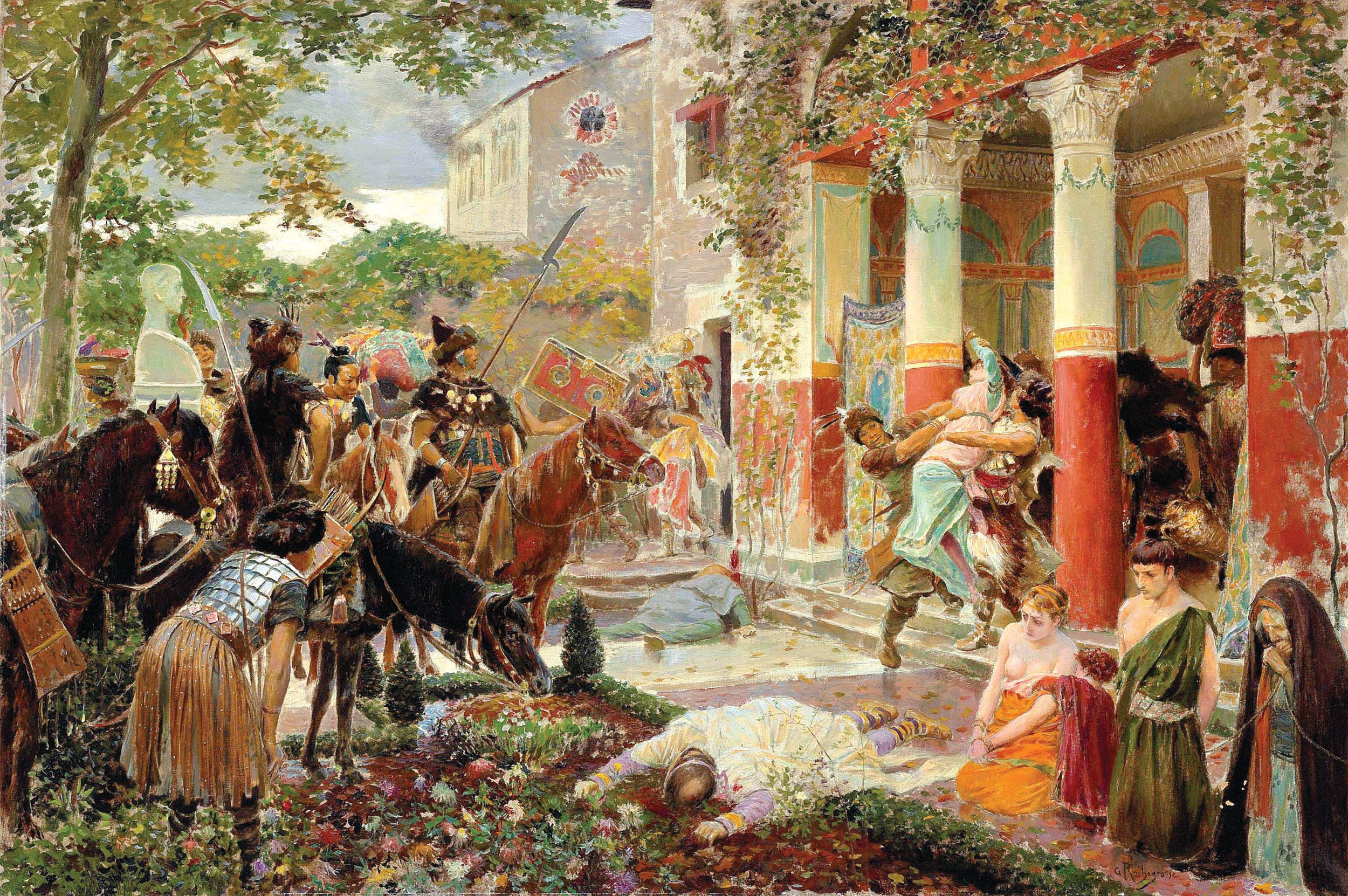 This painting by Georges-Antoine Rochegrosse (1859-1938) depicts a party of Huns ransacking a Roman villa in Gaul. Raids and tributes from the Roman Empire were the largest source of income for the Hunnic confederation under Attila.