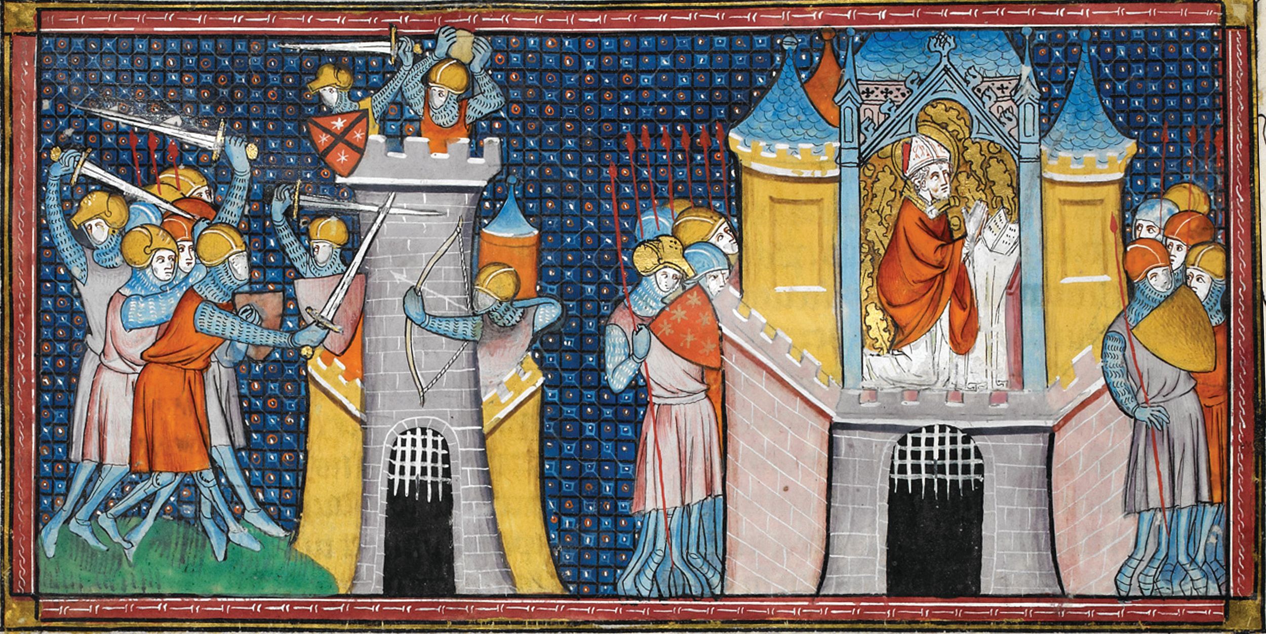 A medieval illustrated manuscript (c. 1350) depicting the siege of Orleans by the Huns while, at right, Anianus, Bishop of Orleans prays for General Flavius Aetius to hasten to the city. Accounts differ on when Aetius and Visigoth King Theodoric I arrived at Orleans, before or after Attila, but though the city surrendered on June 14, the Huns never took possession of it. Attila was pursued and suffered his first and only defeat, at the Battle of the Catalaunian Plains, in one of the last major military operations of the Western Roman Empire.