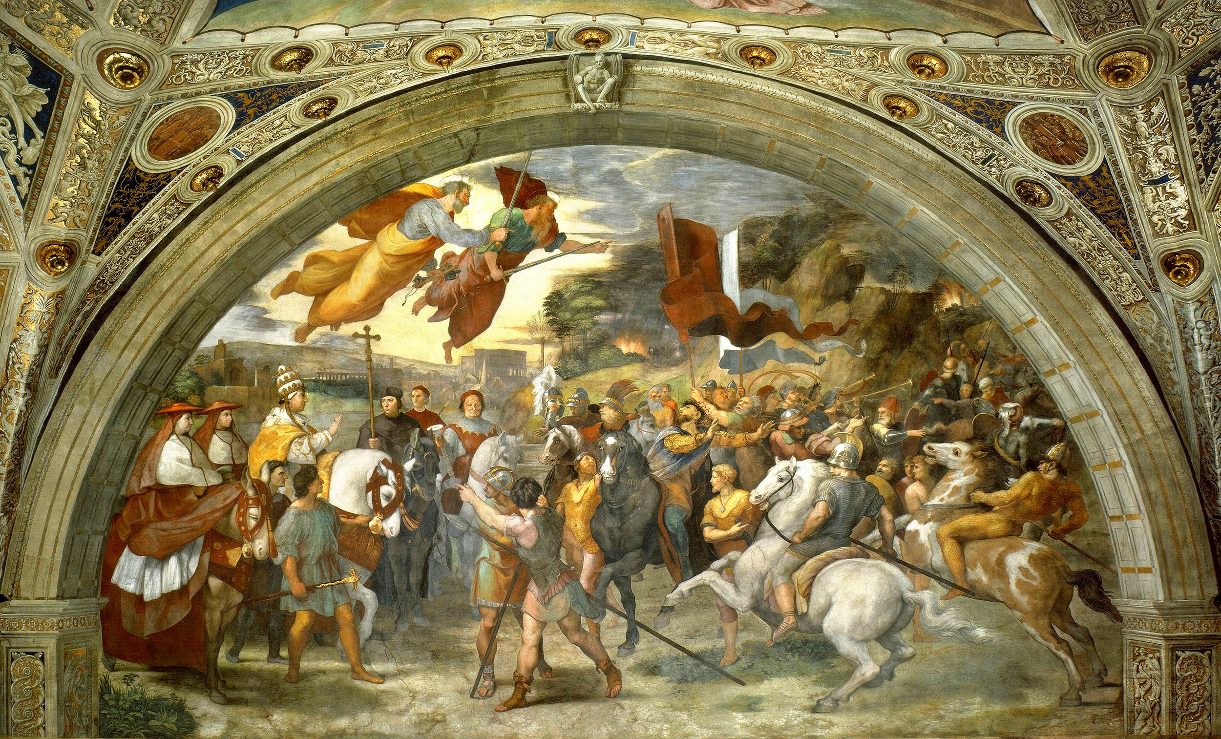 Pope Leo I meets with Attlia the Hun possibly somewhere near Mantua in this Vatican fresco by Raphael. That the Pope was successful in persuading the Huns to spare Italy in this 452 AD meeting may have been because of the logistical difficulties involved in invading the Italian peninsula. Later, Rome would have to pay tribute to forestall invasion.
