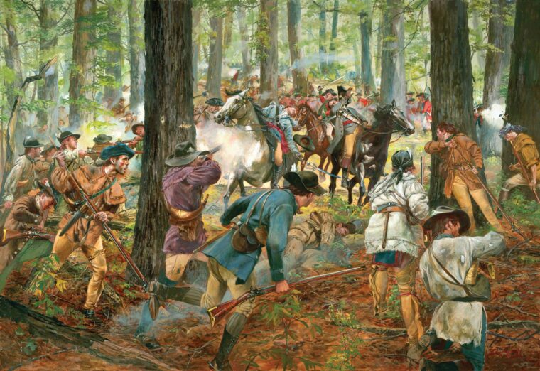 Militiamen from the Carolina Colonies, most armed with rifles, fire on Loyalist American troops under the command of British Major Patrick Ferguson at the top of Kings Mountain, South Carolina. The hour-long battle on Oct. 7, 1780, was a victory for the Patriots and a turning point in the Revolutionary War. This painting by Don Troiami depicts the moment Major Ferguson, center left, was shot from his horse as he charged. Hit multiple times, Ferguson fell from his mount and was dragged by a foot caught in the stirrup. The Loyalists surrendered shortly after his death.