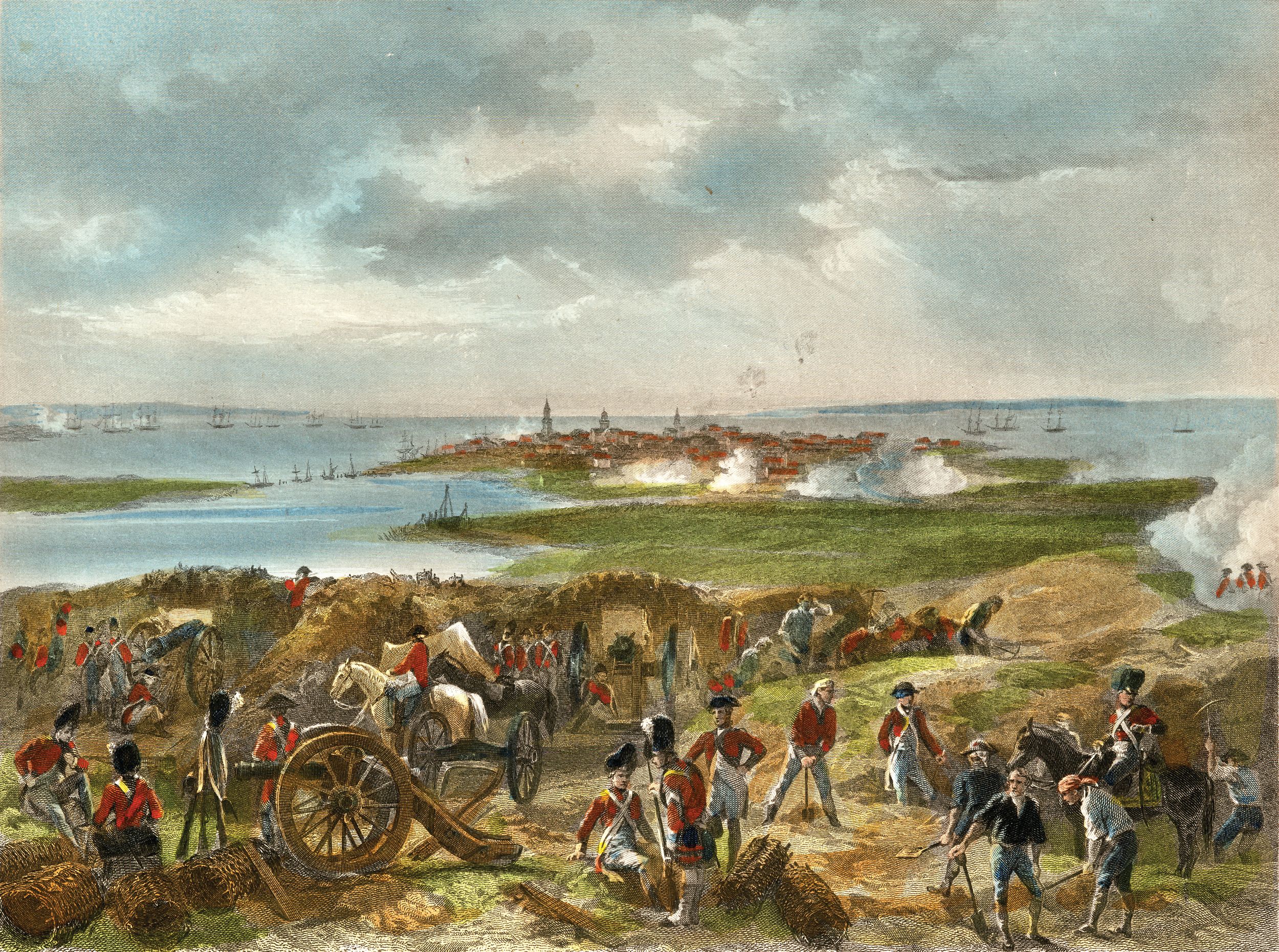 British troops fire cannon from behind earthworks during their seige of Charleston, South Carolina, in April 1780. The Americans defending the city, including most of the Continental Army in the south, surrendered on May 12, a serious setback for the American’s cause.