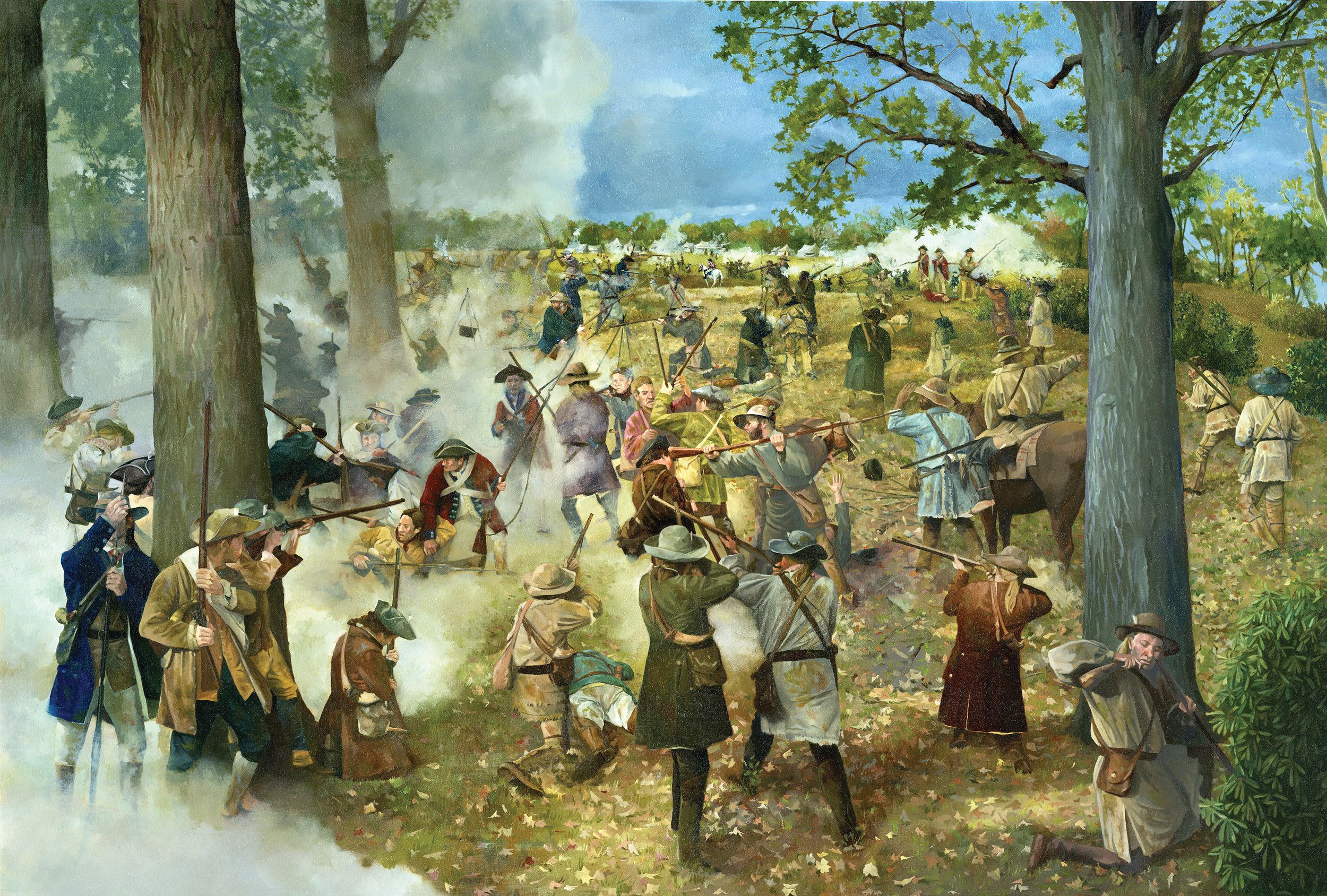 American Patriot militia gain the crest of Kings Mountain where Loyalist troops, including the King’s American Regiment wearing red coats, had circled their supply wagons for a defensive stand. The Loyalists, armed with muskets and bayonets, drove off several Patriot advances by charging with their bayonets, a weapon the Patriots lacked. Many of the Overmountain Men and Back Country militia carried rifles, which proved superior on the rocky, wooded slope.