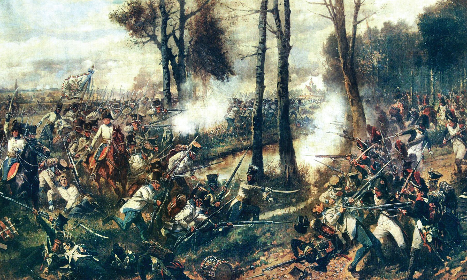 White-uniformed Hungarians assault a French position in a wooded tract. 