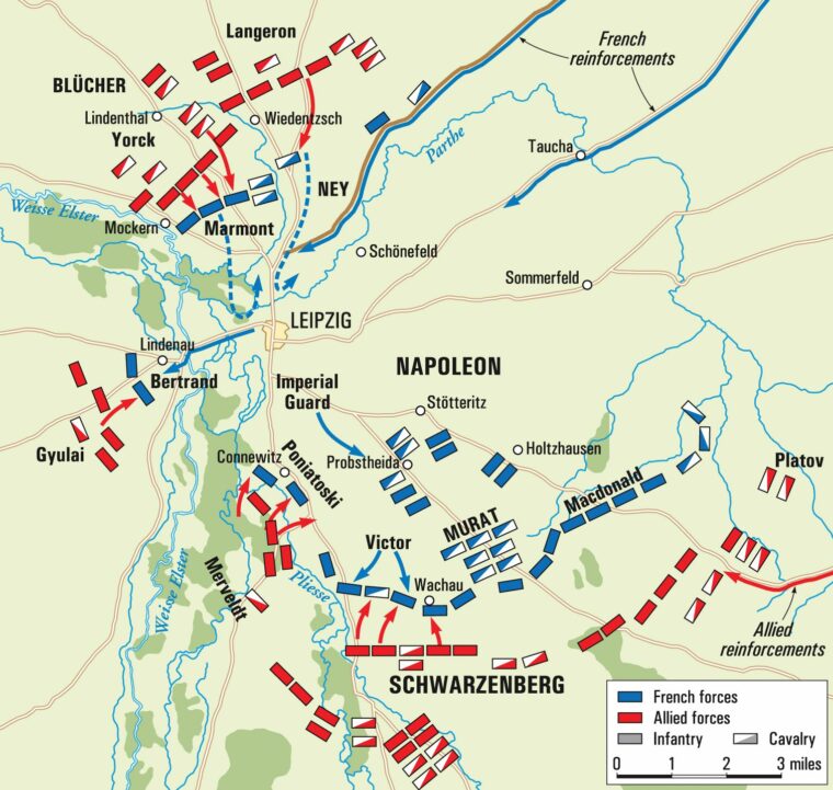 Four columns of Russians and Austrians advanced against Napoleon’s Grande Armée from three directions on the first day of the battle. The attacks, though, were poorly coordinated. 
