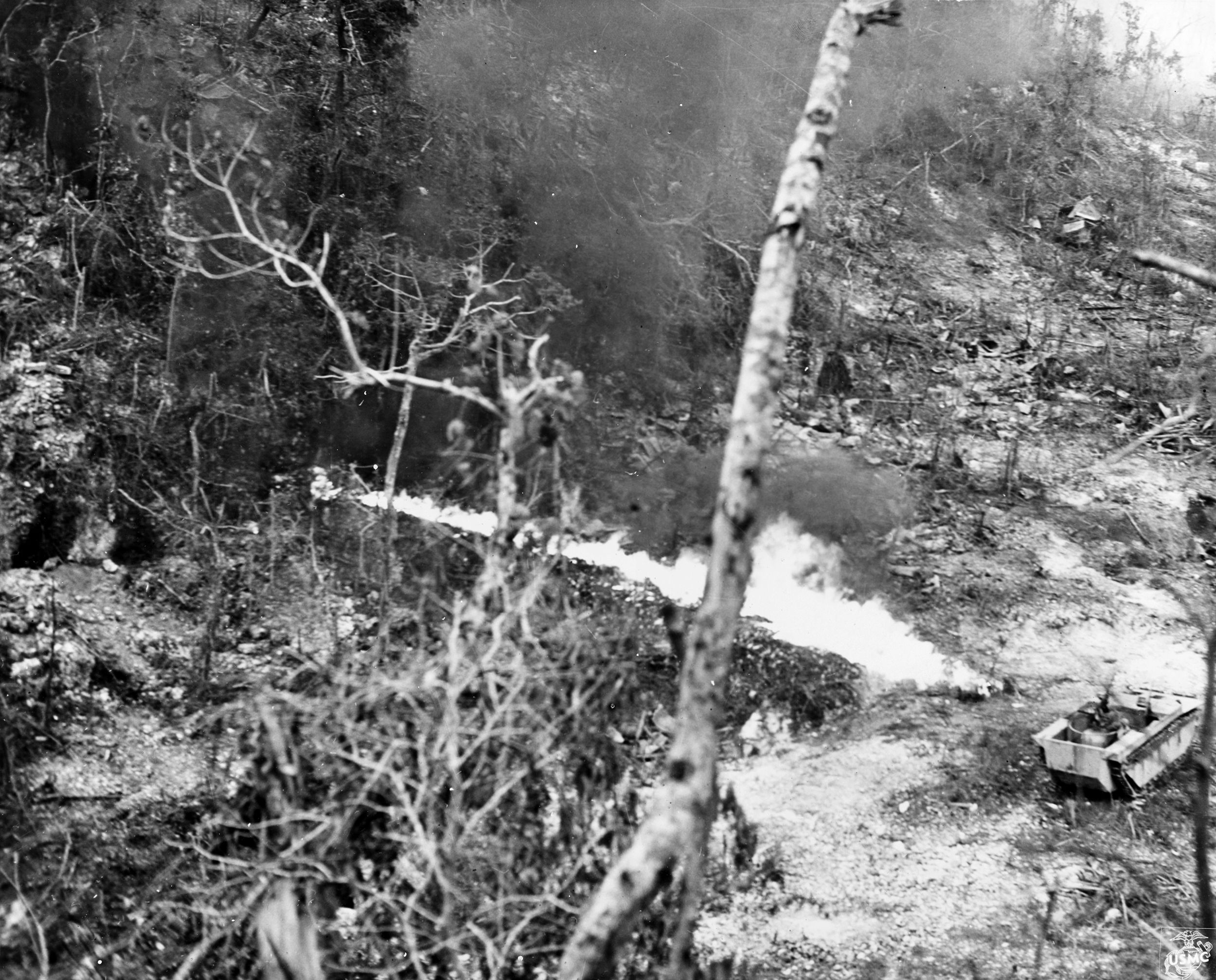 A Marine flame thrower LVT Amtrac in action on Peleliu, in the Palau Islands, September,1944. It would take Army and Marine forces until nearly the end of November to declare the island secure. Even so, 26 Japanese soldiers and sailors remained in the warren of tunnels on the island until April, 1947.