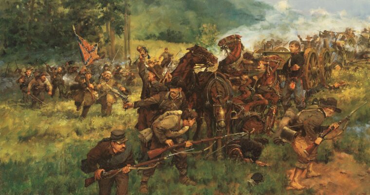 Confederate General Richard Taylor’s Louisiana “Tiger” Brigade attacks the guns of of Battery E, 4th U.S. Artillery in the Coaling during the Battle of Port Republic in Virginia’s Shenandoah Valley on June 9, 1862.