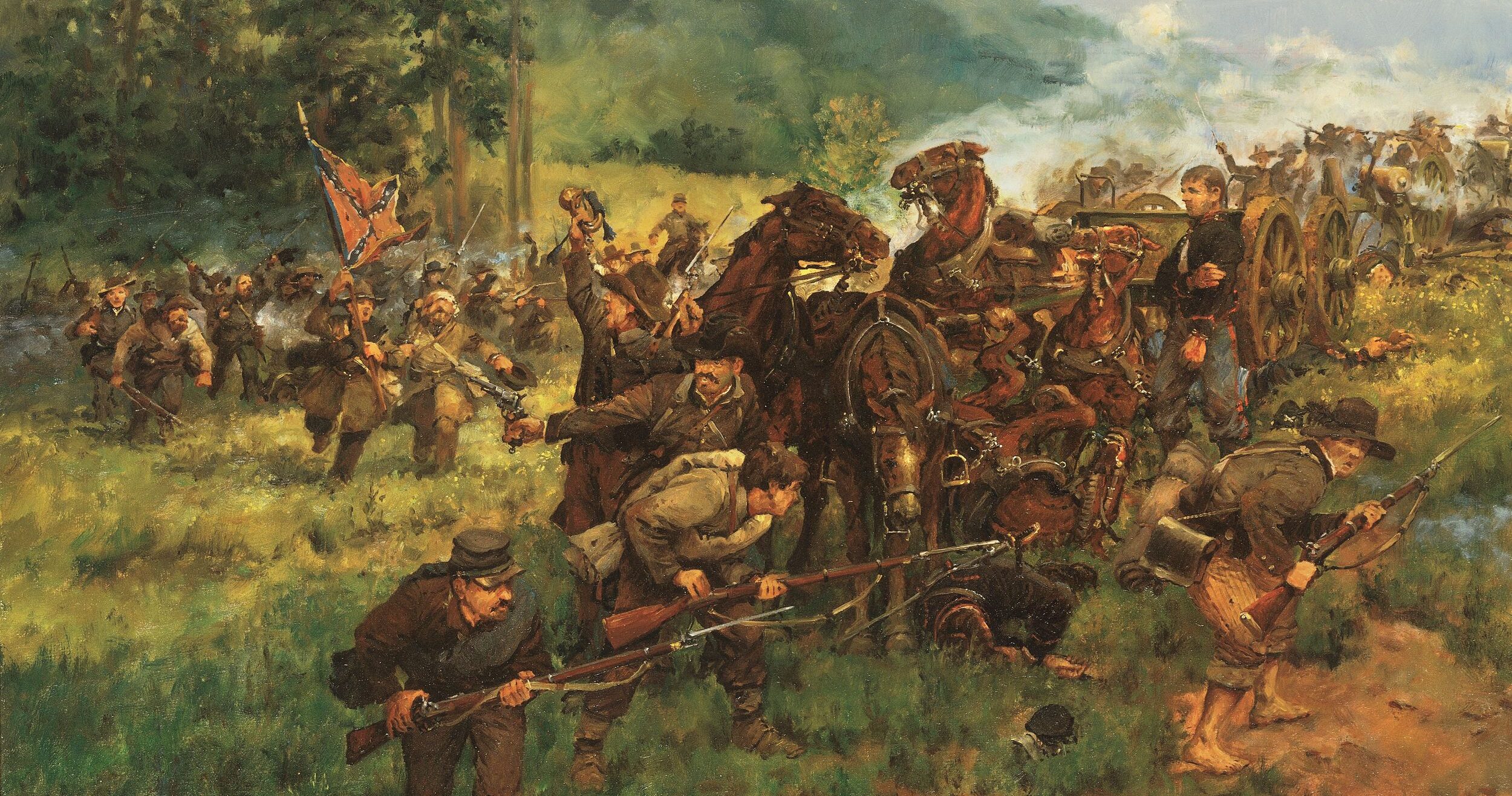 Confederate General Richard Taylor’s Louisiana “Tiger” Brigade attacks the guns of of Battery E, 4th U.S. Artillery in the Coaling during the Battle of Port Republic in Virginia’s Shenandoah Valley on June 9, 1862.