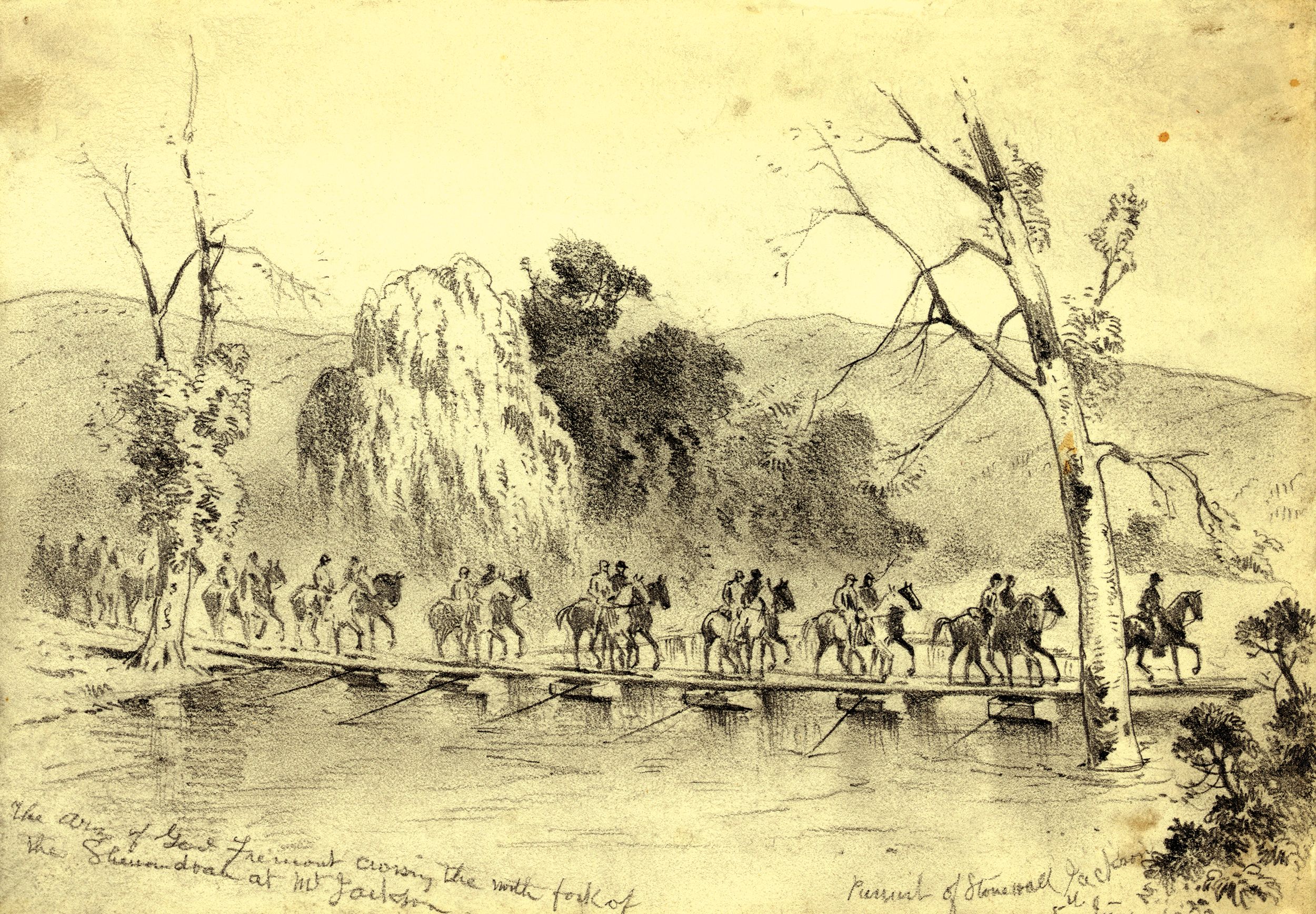 “The army of General Fremont crossing the north fork of the Shenandoah at Mt. Jackson—Pursuit of Stonewall Jackson” by Edwin Forbes, June 5, 1862. 