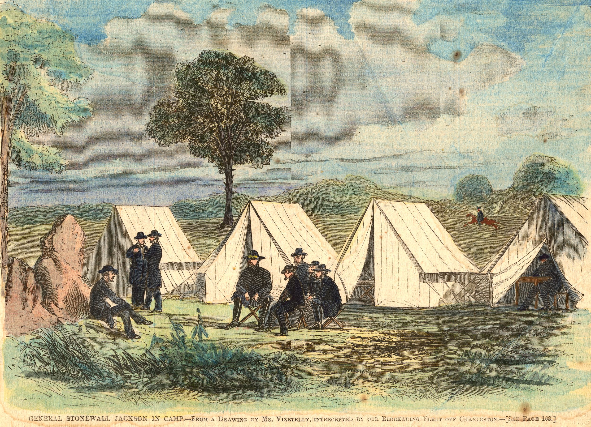 General Jackson, center, in camp near Port Republic, Virginia. Exhausted after a long march, Jackson had hoped to attend a sermon on Sunday, June 8, with his Stonewall Brigade. But that morning, Jackson learned that Union troops under James Shields were near the town and the resulting clash would become the Battle of Cross Keys.