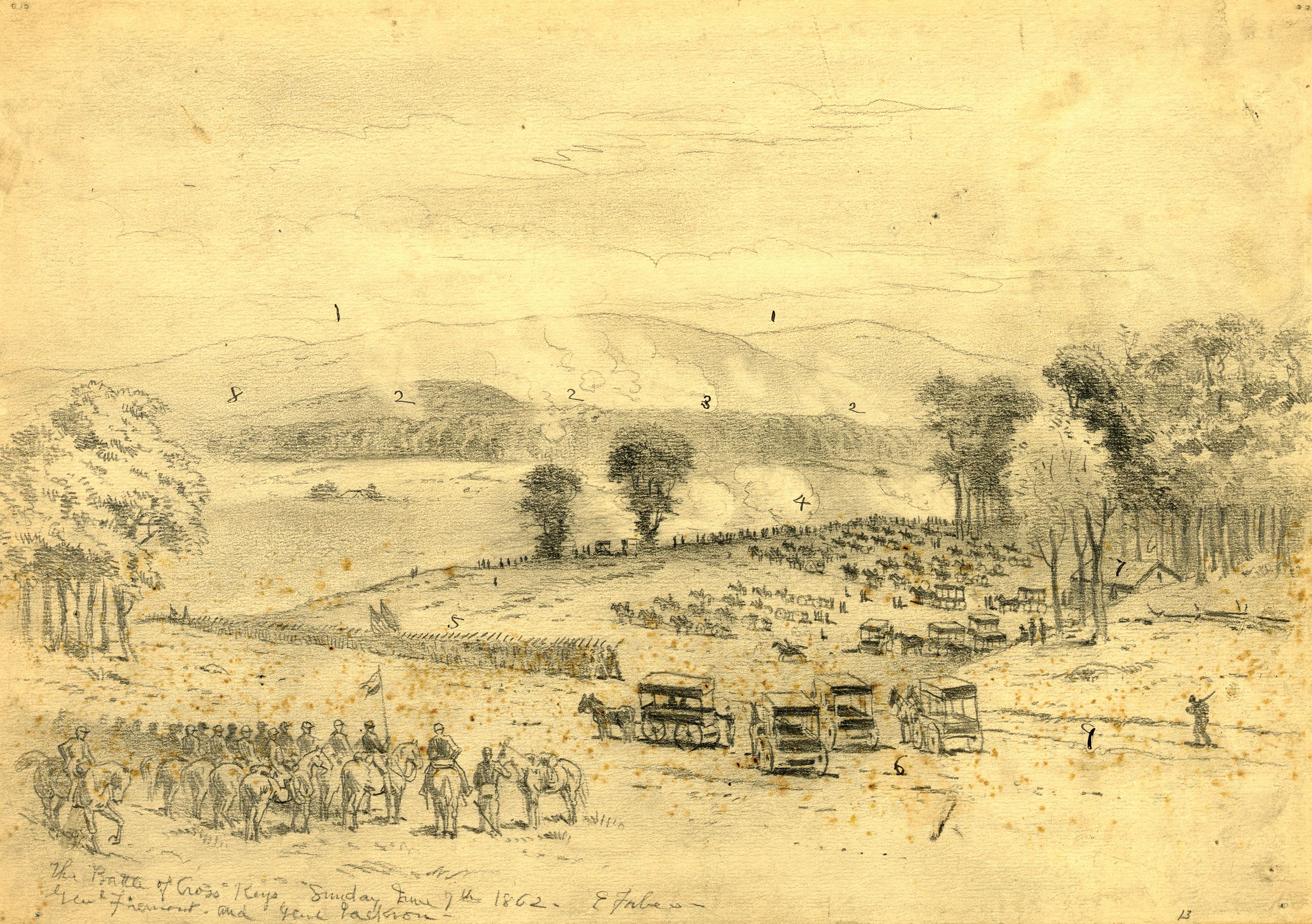 The Battle of Cross Keys, a strategic Confederate victory for General “Stonewall” Jackson took place the day before the Battle of Port Republic. The scene was captured in a pencil drawing by American landscape painter Edwin Forbes.