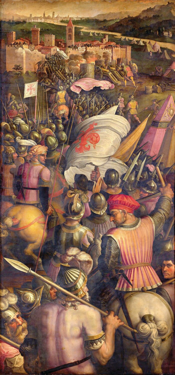  In command of the forces of Pisa, English mercenary Sir John Hawkwood was outnumbered three to one and defeated by the Flourentines in the Battle of Cascina on July 28, 1364. The heat greatly hampered his armored knights, mostly Englishmen and Germans not used to such weather. This oil painting “Capture of Cascina”  (Giorgio Vasari, 1565)  shows another battle between these perennial rivals on June 26, 1499. The Florentine general Paolo Vitelli, represented on horseback in the foreground, captured the city in 26 hours due mostly to the strength of the Flourentine cannons.