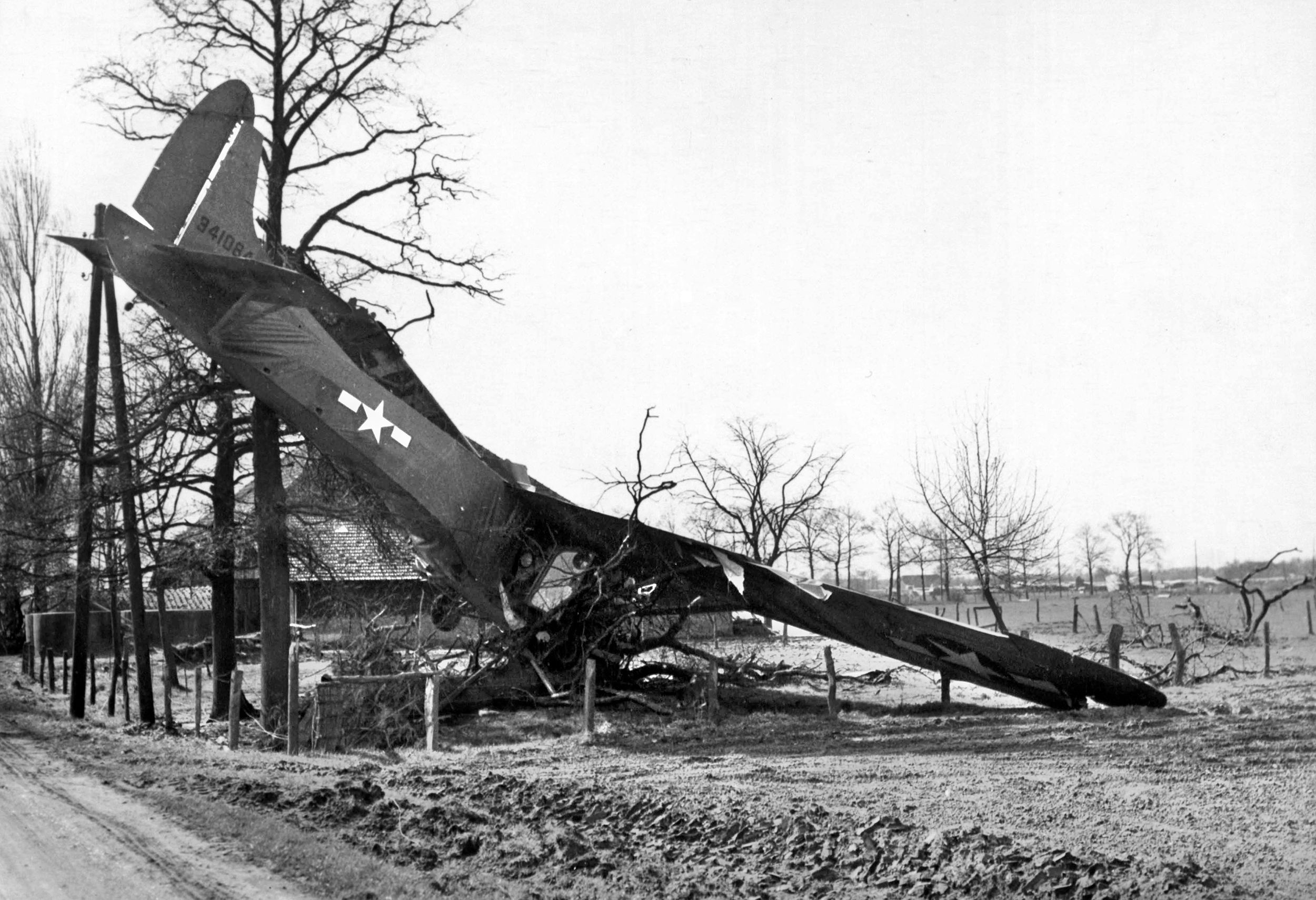 Operation Varsity (March 24, 1945) involved the extensive use gliders. Here, a Waco glider has made a crash landing in a field near Wesel, Germany.