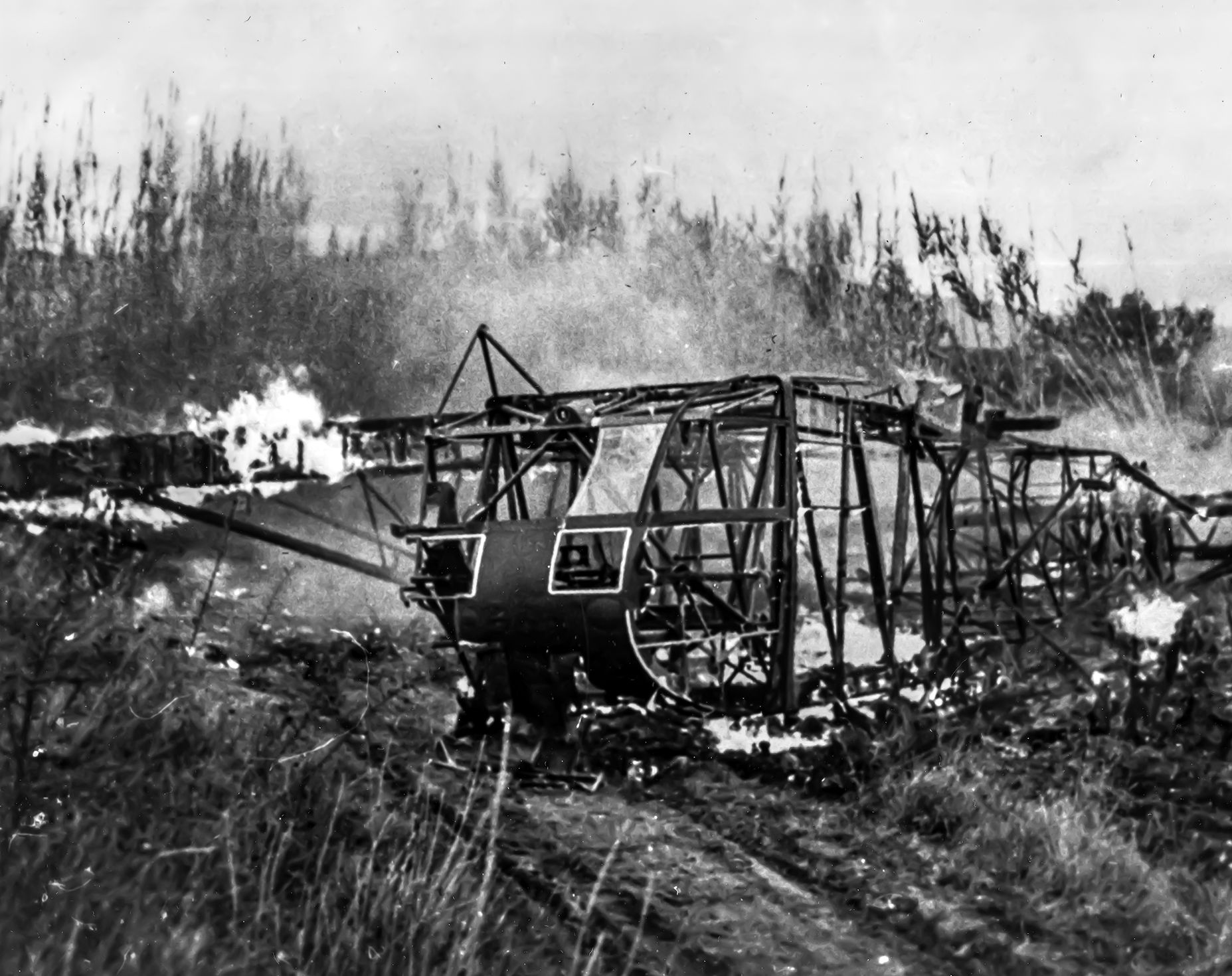 Operation Husky, the June 1943 invasion of Sicily, was a disaster for glider forces. Hundreds of paratroopers and glidermen lost their lives. Here, only the charred metal frame of a CG-4A remains in a Sicilian field. The fate of those aboard is unknown. 