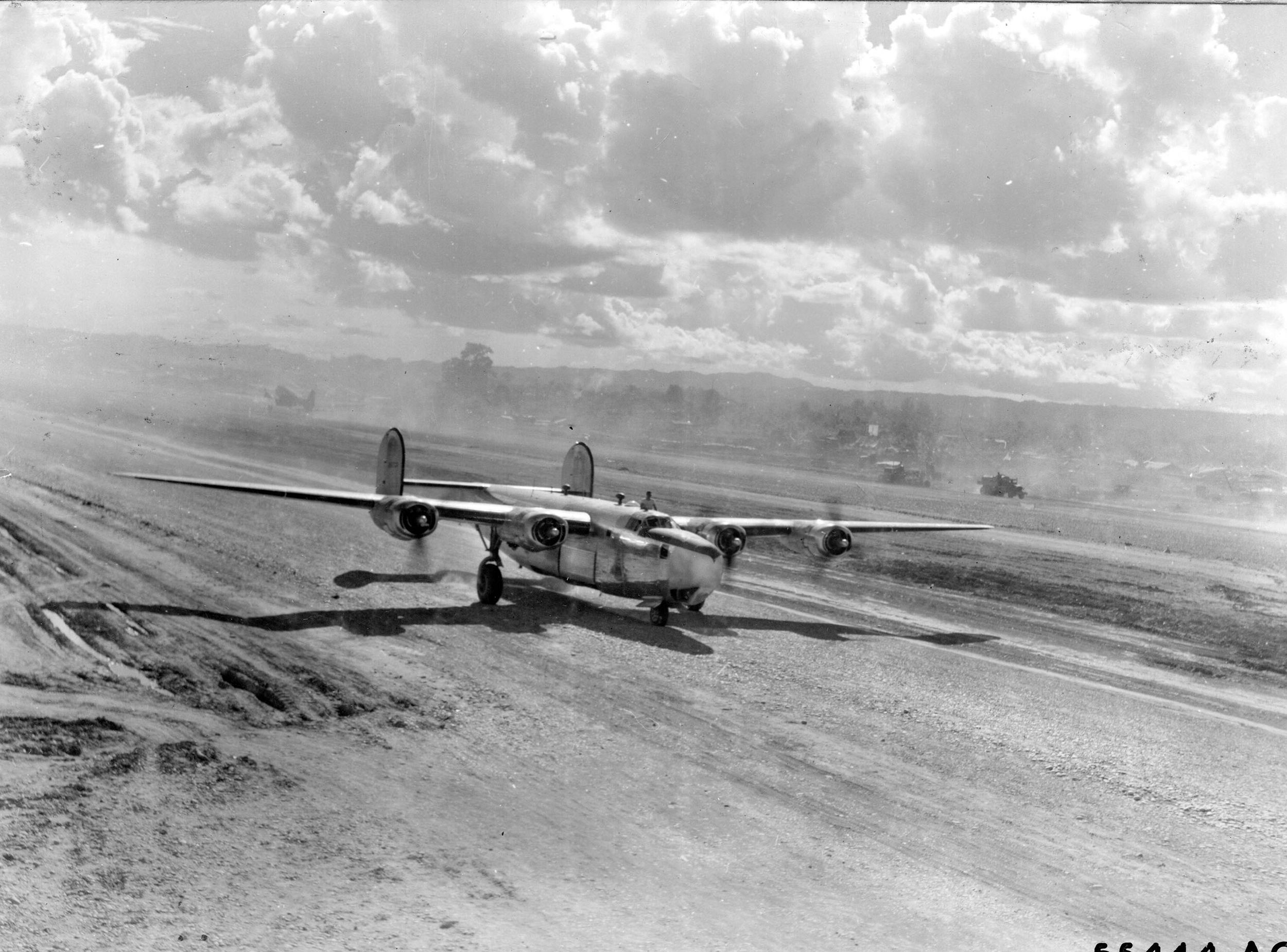 The emptied gas cargo ship, a C-109 (a converted B-24J Willow run production) takes off from Myitkyina, Burma (now Myanmar).